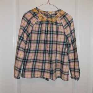 MINI BODEN Girls 9-10 Pink Green Plaid Flannel Top Yellow Topstitch